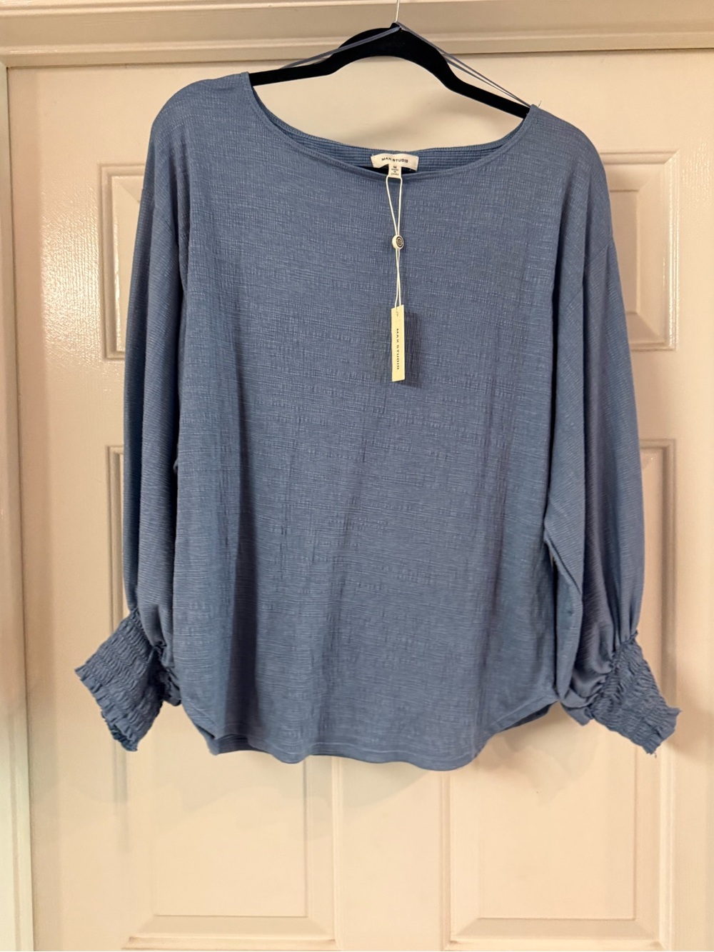 Max Studio Dusty Blue Boatneck Blouse with Smocked Cuffs